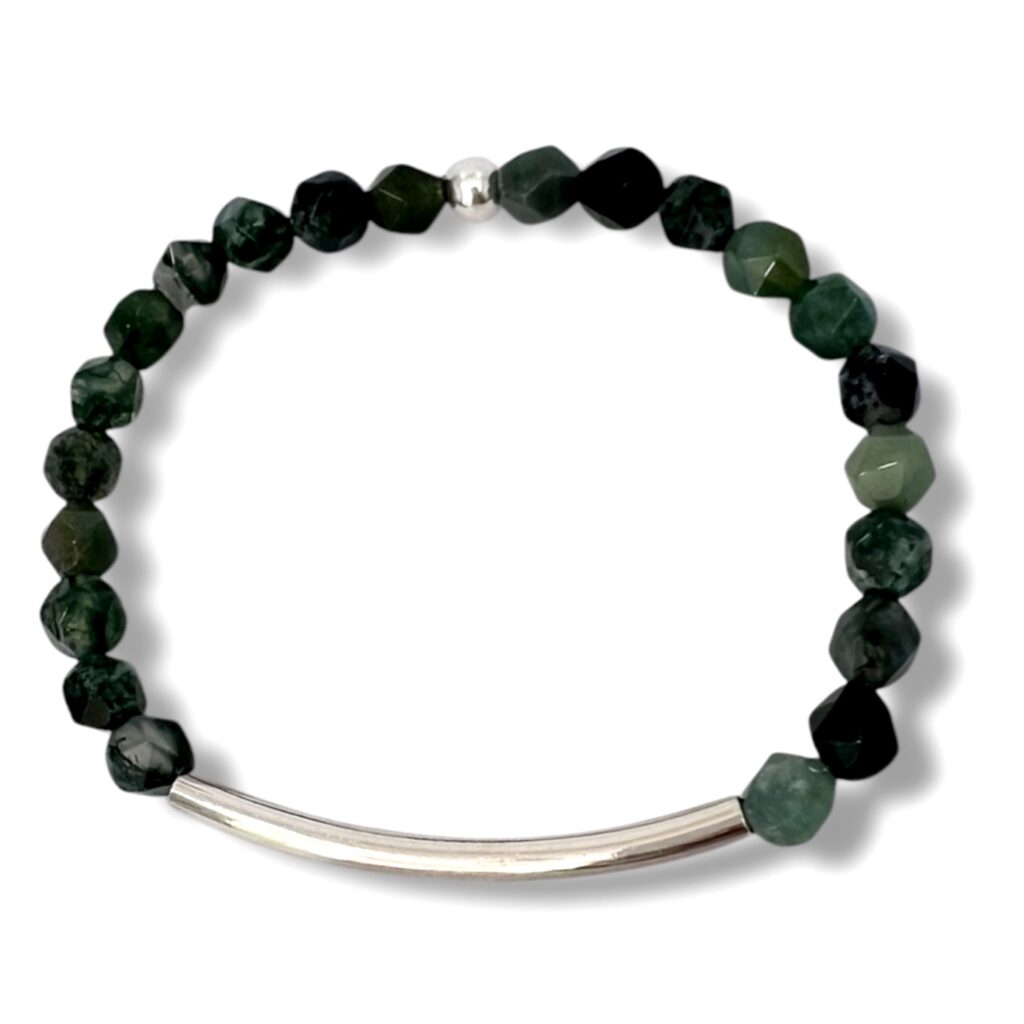Pulsera de cuentas de Ágata Musgo y Plata.