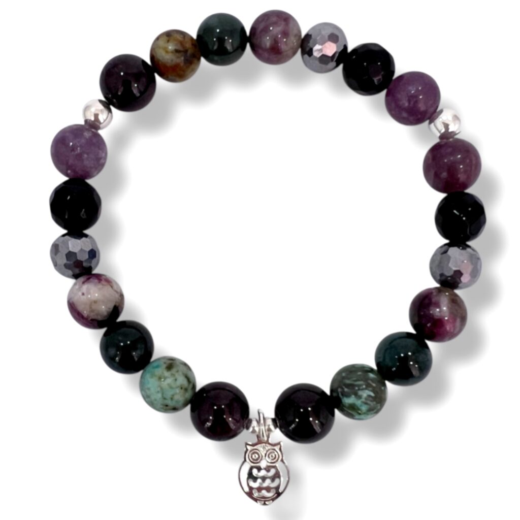 Pulsera de 7 piedras y dije de Buho de Plata.