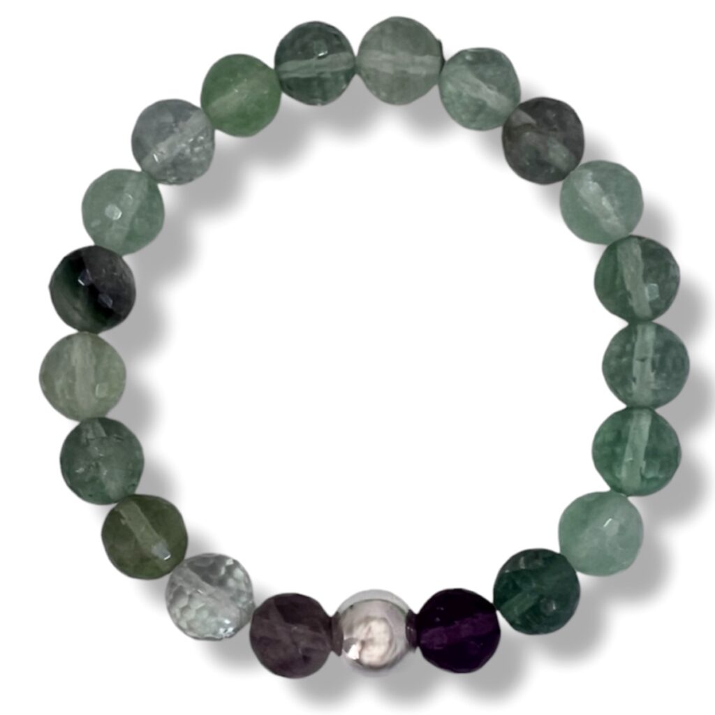 Pulsera de cuentas de 10mm. de Fluorita facetada y Plata.