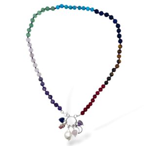 COLLAR 7 CHAKRAS Y DIJES: LUNA-PERLA BARROCA-CUARZO ROSA-AMATISTA-MANO HAMSA