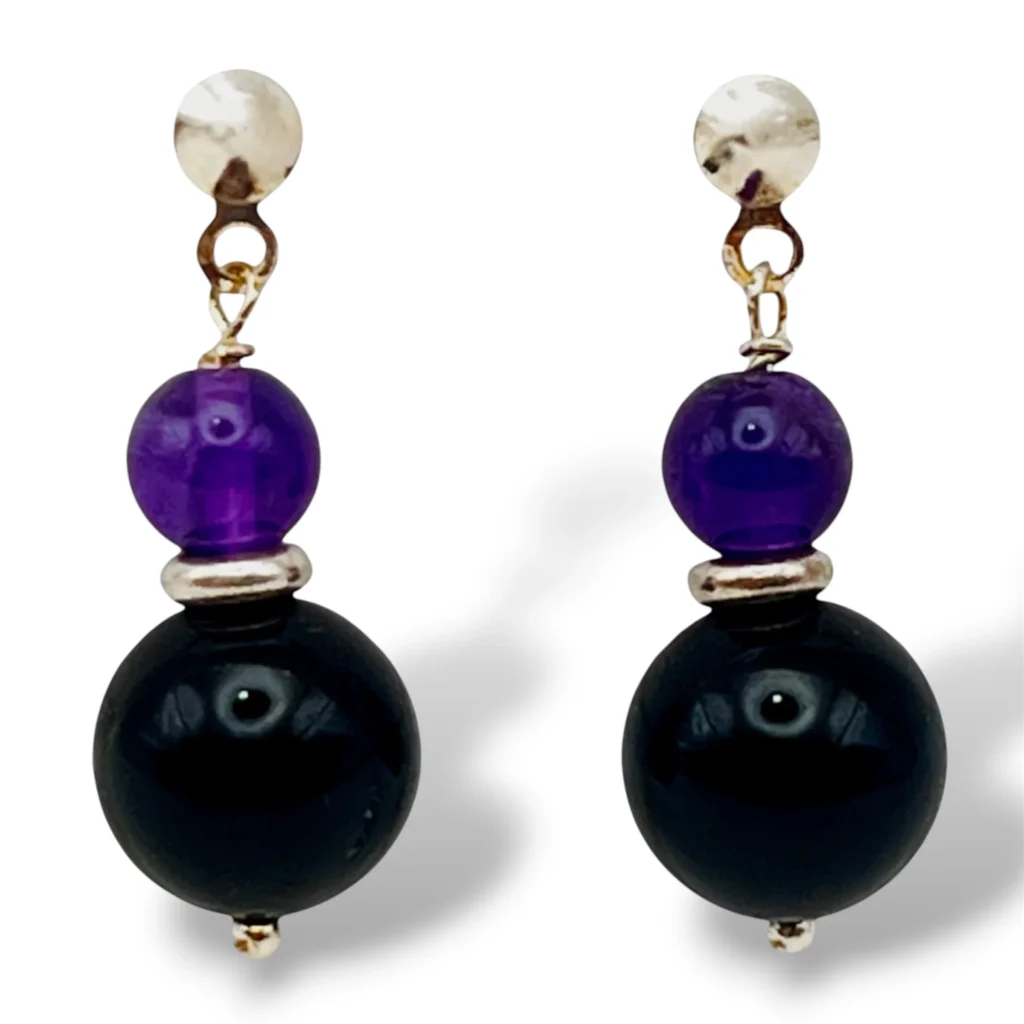 Aretes de Plata con Amatista y Turmalina negra.