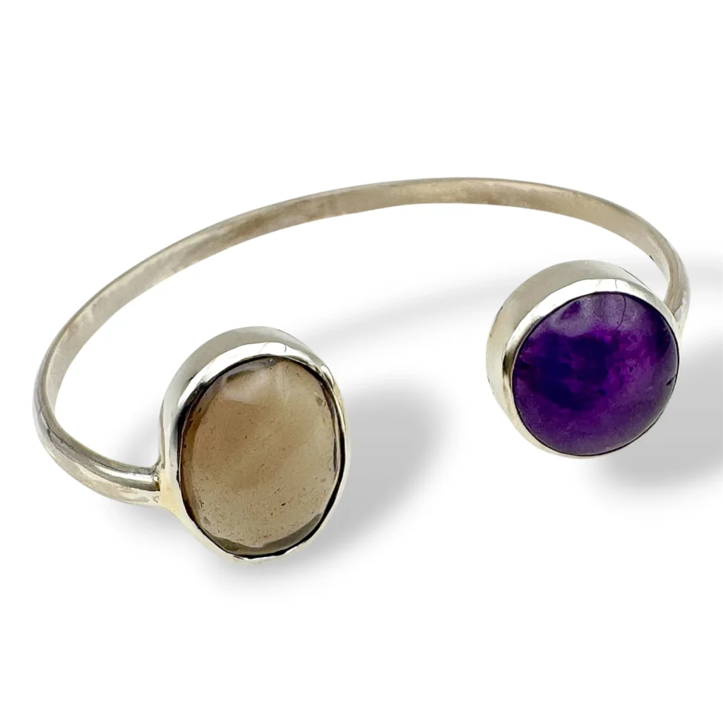 Pulsera de Plata rígida con Cuarzo Ahumado y Amatista.