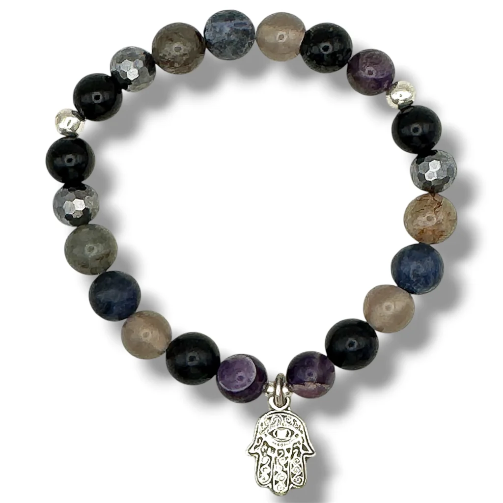 Pulsera de Piedras naturales con dije Mano Hamsa de Plata.